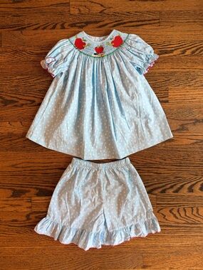 Be Mine Light Blue Polka Dot Smocked Red Apple Shorts Set, Size 4